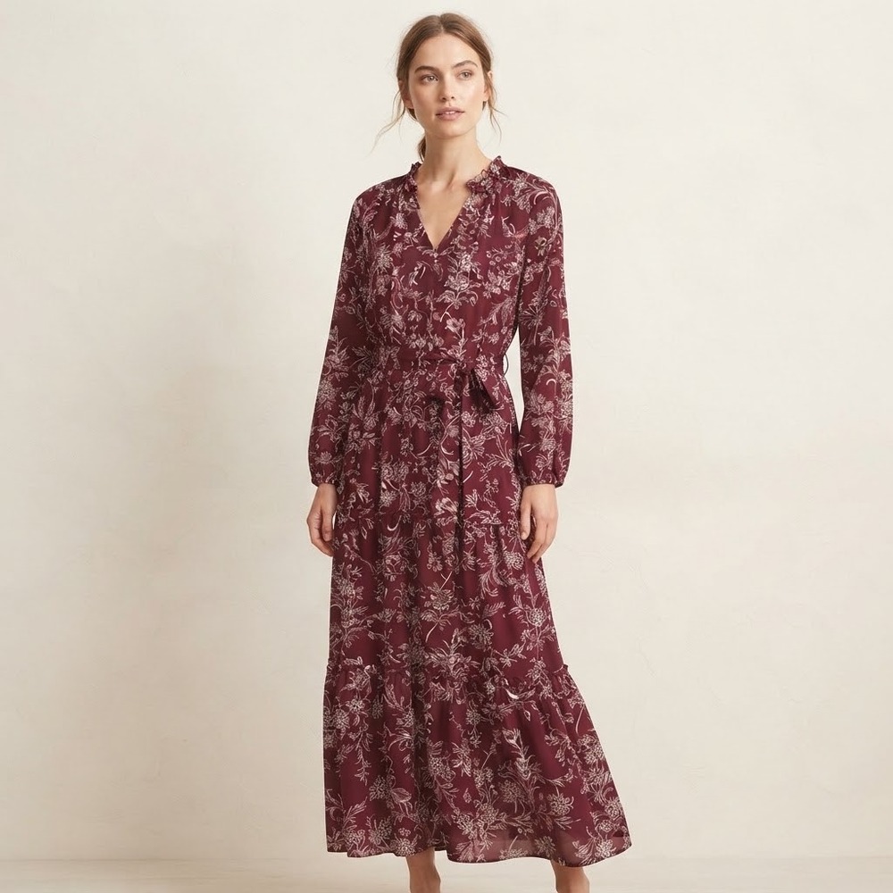 La Mer Luxe Fall Burgundy Floral Ruffled V-Neck Long Sleeve Tiered Maxi Dress XS